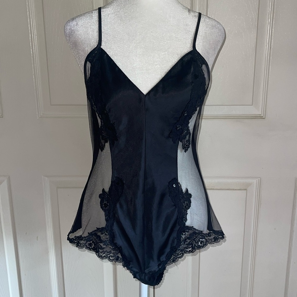 Victoria’s Secret Black Satin, Lace And Mesh Bodysuit